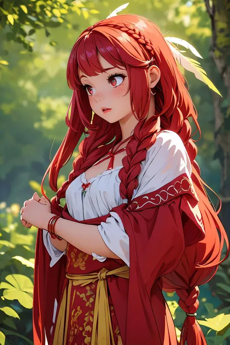 (masterpiece, best quality), 1girl, Crimson Boho Braid with Feather Hair Clip, Size DD breasts,