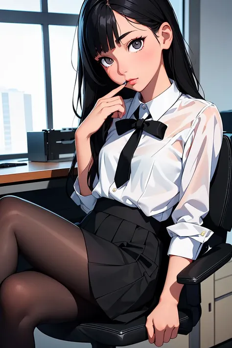 (masterpiece, best quality), a young black haired girl office secretary dressed in a transparent white blouse and black office skirt and black pantyhose ,sitting in an office chair, holding pencil, (detailed skin:1.3),(detailed eyes), (sharp focus),