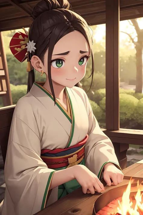 (masterpiece, best quality), female youth, ripped, native hawaiian, green eyes, stretched ears, upturned nose, round chin with cleft, chiseled jaw,  broad forehead,     , light brown top knot hair, relief wearing kimono dress, keyhole top,  bow headband,, teasing look, gazing with a playful and teasing expression, igniting curiosity and attraction, firelight, the flickering glow of a fireplace, bringing intimacy and warmth to the setting, a sunlit park, filled with children playing and families having picnics