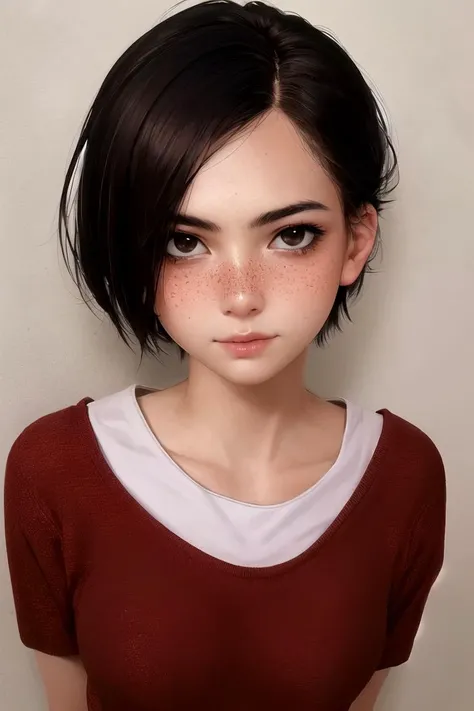 professional, masterpiece, 8k, hyperrealistic portrait of a 20yo cute girl, short hair, (looking shy:1.3), freckles, detailed face, detailed skin, photography, hq, photorealistic,