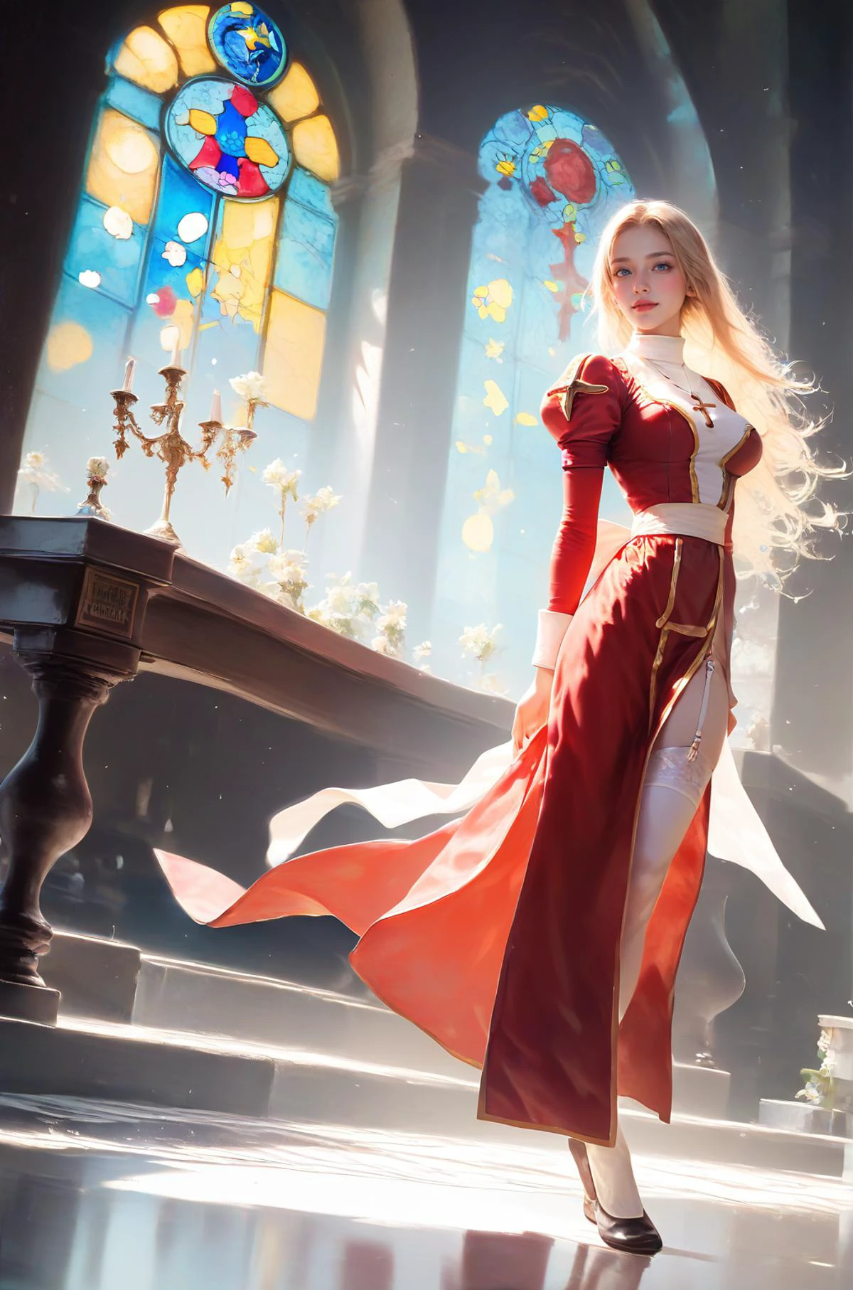 rating_safe,score_9, score_8_up, score_7_up, score_6_up, photo realistic,photo
,nose blush ,ultra-detailed blonde long hair,middle bangs,big breast,full body,dinamic
,<lora:attire_ro_highpriest_ponyXL:1>ragnarokhighpr, two-tone dress, red dress, white dress, white sash, long sleeves, puffy sleeves, juliet sleeves, white thighhighs, garter straps, cross necklace
,in church stained glass,slim,slender,lanky,long legs,short torso,leggy
,<lora:Test:0.85>detailed background <lora:Body Type_alpha1.0_rank4_noxattn_last:1>
,hold bible