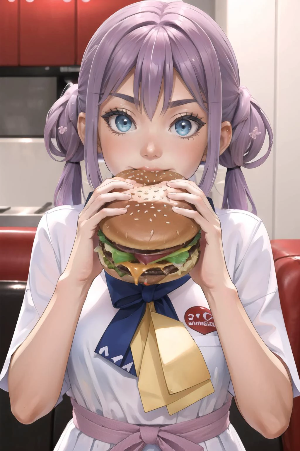 Highly detailed, High Quality, Masterpiece, beautiful, 1girl, solo, Sakura Ritsuki, long hair, low twintails, <lora:SakuraRitsuki:1>, burger, eating a hamburger, nom hamburger, two hands, <lora:Pos_EatingHamburger:0.5>