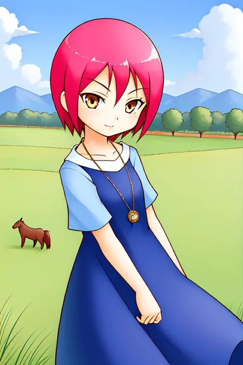 1 girl, outdoors, farm, pasture, animals, horses, fence,
 <lora:Harvest_Moon_Hero_of_Leaf_Valley_-_Aurelia:0.5> holvaurelia, pink hair, short hair, brown eyes,
shirt under dress, pendant, long dress, blue dress,