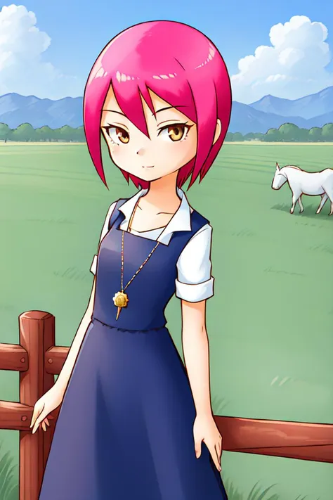 1 girl, outdoors, farm, pasture, animals, horses, fence,
 <lora:Harvest_Moon_Hero_of_Leaf_Valley_-_Aurelia:0.5> holvaurelia, pink hair, short hair, brown eyes,
shirt under dress, pendant, long dress, blue dress,