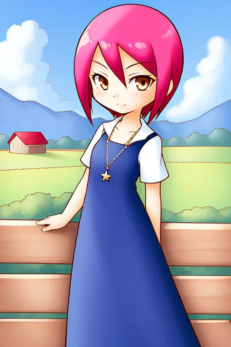 1 girl, outdoors, farm, pasture, horses, fence,
 <lora:Harvest_Moon_Hero_of_Leaf_Valley_-_Aurelia:0.5> holvaurelia, pink hair, short hair, brown eyes,
shirt under dress, pendant, long dress, blue dress,