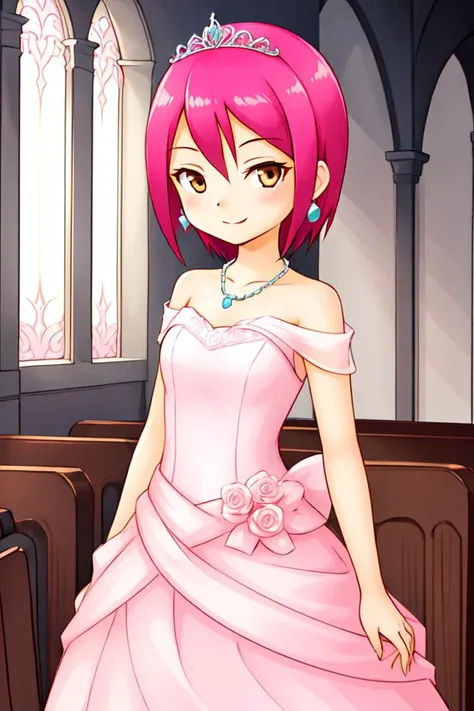 1 girl, indoors, church, smiling,
 <lora:Harvest_Moon_Hero_of_Leaf_Valley_-_Aurelia:0.5> holvaurelia, pink hair, short hair, brown eyes,
tiara, earrings, necklace, pink dress, wedding dress, sleeveless dress, bare shoulders,