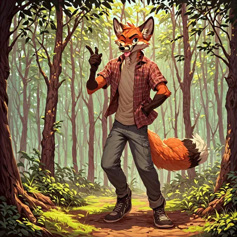 score_9, score_8_up, score_7_up, score_6_up, score_5_up, score_4_up, rating_safe, full body portrait, an anthro male fox, winking, tongue out, forest
