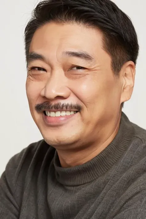 best quality, masterpiece, Asian men,mole, solo, lips, grey_background, mole_under_eye, realistic, upper_body, looking_at_viewer, black_hair, brown_eyes, sweater, forehead, nose, turtleneck, old man, 65 yeas old, <lora:deng_20230612165533:0.8>