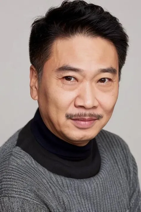 best quality, masterpiece, Asian men,mole, solo, lips, grey_background, mole_under_eye, realistic, upper_body, looking_at_viewer, black_hair, brown_eyes, sweater, forehead, nose, turtleneck, old man, 65 yeas old, <lora:deng_20230612165533:0.8>
