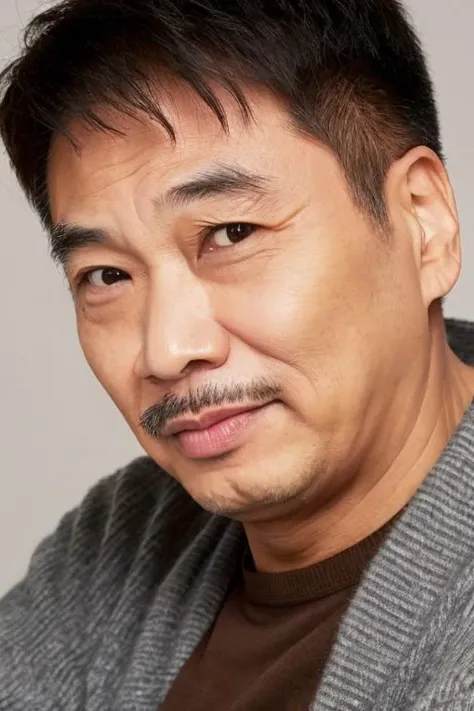 best quality, masterpiece, Asian men,mole, solo, lips, grey_background, mole_under_eye, realistic, upper_body, looking_at_viewer, black_hair, brown_eyes, sweater, forehead, nose, turtleneck, old man, 65 yeas old, <lora:deng_20230612165533:0.8>