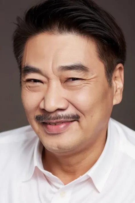 best quality, masterpiece,  Asian men,mole, solo, lips, grey_background, mole_under_eye, realistic, upper_body, looking_at_viewer, black_hair, brown_eyes, sweater, forehead, nose, turtleneck, old man, 65 yeas old,  <lora:deng_20230612165533:0.8>