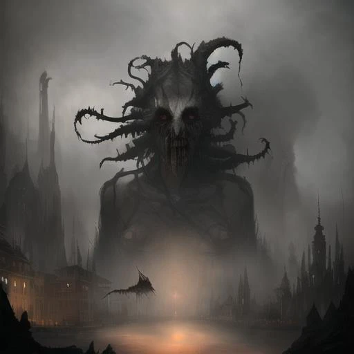 A matte painting of a scary creature made of smoke and shadow. Chiaroscuro. Highly detailed. Menacing. In the style of Bastien Lecouffe-Deharme, Brooke Shaden, Luis Royo, and Karol Bak.