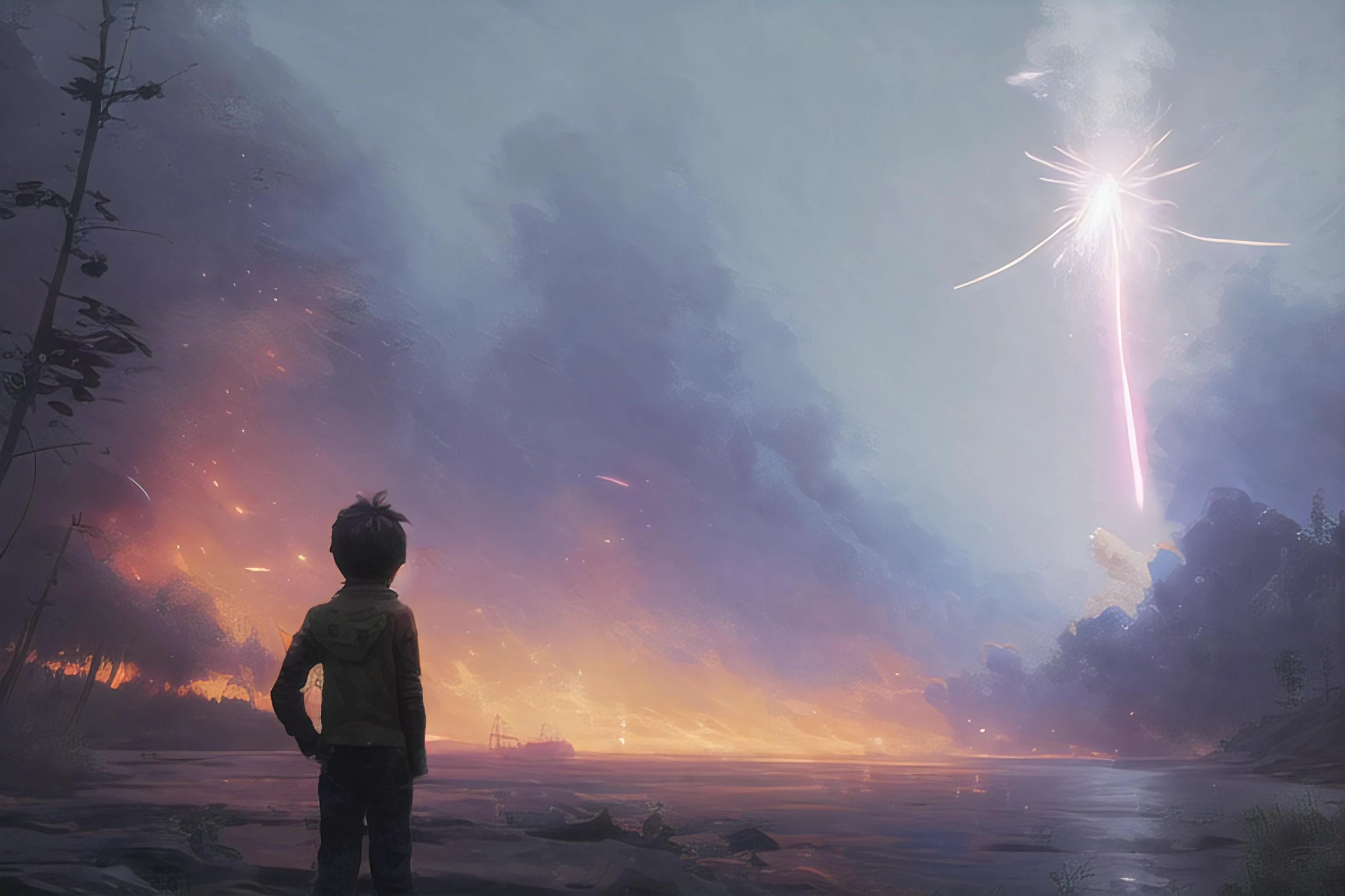 arcane style. samdoesarts style. A boy standing next to his bicycle watching a rocket blast off. One hand up shielding his eyes. Cinematic. Aesthetically pleasing. Volumetric lighting. Highly detailed. Realistic. Anamorphic lens flare from the rocket engine. Smoke trail from rocket. In the style of Frederick McCubbin, Ivan Aivazovsky, Daniel F Gerhartz, and Simon Stalenhag.