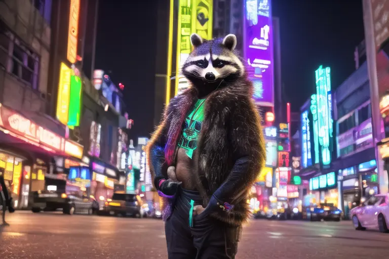 Prompt: a highly detailed portrait photograph of an (((antropomorphic humanoid))) Raccoon thug wearing urban fashion in downtown street. night neon colors. blade runner. f2 24mm.