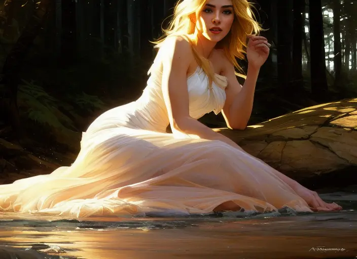 arcane style. samdoesarts style. A painting of an alluring model (wearing a dress:1.5) wading knee deep in a river in the forest. Cinematic lighting. Golden hour. Chiaroscuro. Volumetric lighting. Highly detailed. Realistic. Lustrous blonde hair. By Thomas Saliot, Guillaume Seignac, Anna Rose Bain, and Steve Henderson., A painting of a beautiful woman. By Emerico Imre Toth, Sophie Anderson, Alyssa Monks, and Kaethe Butcher., A painting of a young woman. Chiaroscuro. Volumetric lighting. Realistic. Highly detailed. Natural breasts. By Terry Moore, William Adolphe Bouguereau, John William Waterhouse, and Thomas Kinkade.