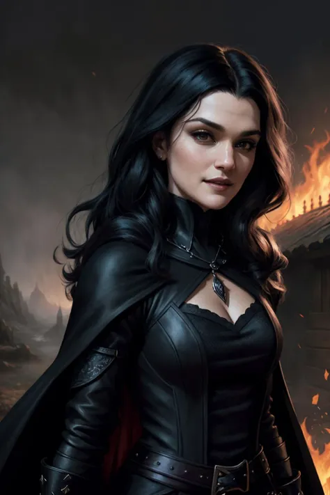 photo of woman as a rachelW1 , (black witch outfit), evil smile, pointing at person, fall season background, fine-face, realistic shaded perfect face, fine details. Realistic shaded lighting poster by Ilya Kuvshinov katsuhiro, magali villeneuve, artgerm, Jeremy Lipkin and Michael Garmash, Rob Rey and Kentar Miura style, trendin