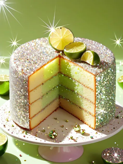 <lora:gl4ssj3mSDXL:1> gl4ssj3m, still life, food focus, glass lime cake, sparkle, glitter,