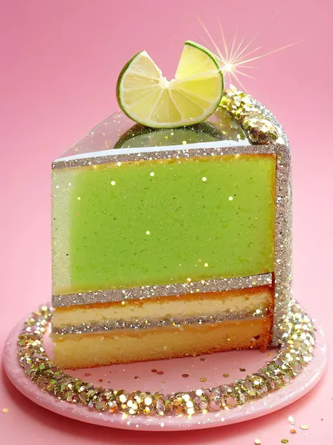 <lora:gl4ssj3mSDXL:1> gl4ssj3m, still life, food focus, glass lime cake, sparkle, glitter,