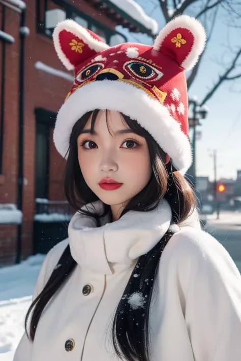 ltra-detailed,highly detailed,best quality,masterpiece,illustration,realistic,photorealistic,
hutoumao, 1girl, solo, animal hat,
looking at viewer, 
outdoors, winter,snow, 
 <lora:hutoumao_v1_02:0.7>
