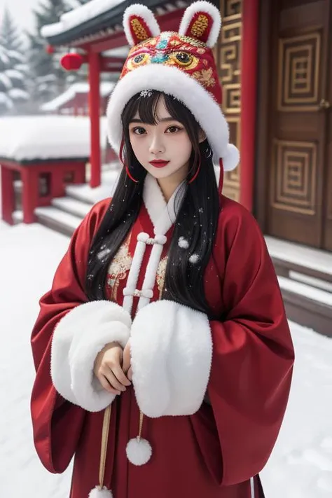 ltra-detailed,highly detailed,best quality,masterpiece,illustration,realistic,photorealistic,
hutoumao, 1girl, solo,
animal hat,pom pom \(clothes\),red clothes, hanfu,china dress,chinese clothes, winter clothes,
very long hair, parted bangs,
looking at viewer,
outdoors, winter,snow,
<lora:hutoumao_v1_02:0.7>