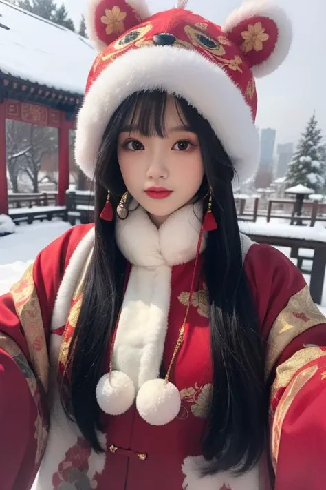 ltra-detailed,highly detailed,best quality,masterpiece,illustration,realistic,photorealistic,
hutoumao, 1girl, solo, 
animal hat,pom pom \(clothes\),red clothes, hanfu,china dress,chinese clothes, winter clothes, 
very long hair, parted bangs,
looking at viewer, 
outdoors, winter,snow, 
 <lora:hutoumao_v1_02:0.6>