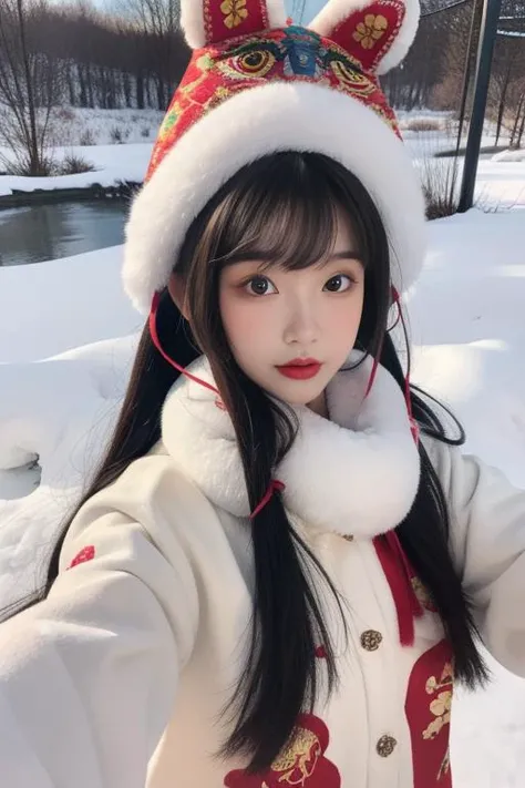 ltra-detailed,highly detailed,best quality,masterpiece,illustration,realistic,photorealistic,
hutoumao, 1girl, solo,
animal hat,pom pom \(clothes\),red hanfu, winter clothes,
very long hair, parted bangs,
looking at viewer,
outdoors, winter,snow,
<lora:hutoumao_v1_02:1.0>