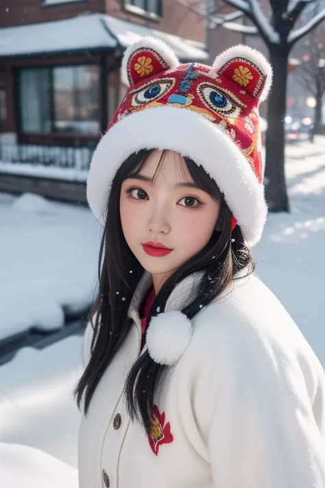 ltra-detailed,highly detailed,best quality,masterpiece,illustration,realistic,photorealistic,
hutoumao, 1girl, solo, animal hat,
looking at viewer, 
outdoors, winter,snow, 
 <lora:hutoumao_v1_02:0.7>