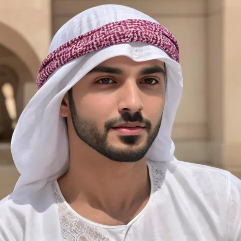 1boy, realistic, ultra quality, highly detailed <lora:Arab Style Real:0.55>, cap, arabe, bone, Kandoora with Igal, wearing a Tarboosha, Na â Aal, body, Kandoora, white dress, ring on hat, black, a man wearing a pink and white patterned head scarf, mohamed chahin, arab ameera al taweel, arab ameera al-taweel, khyzyl saleem, shabab alizadeh, saadane afif, riyahd cassiem, ameera al-taweel, high quality portrait, kyza saleem