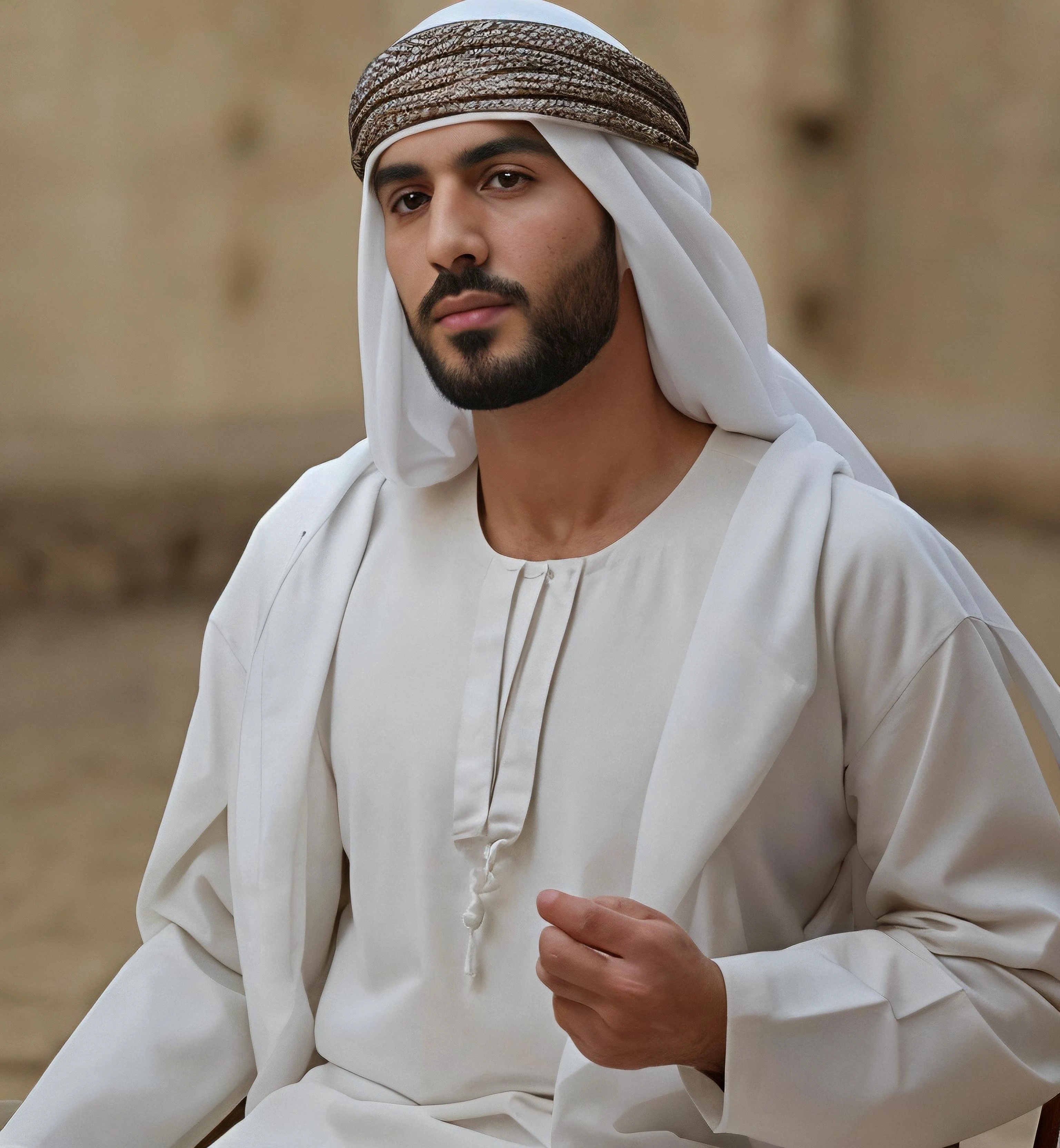 1boy, realistic, ultra quality, highly detailed <lora:Arab Style Real:0.6>, cap, arabe, bone, Kandoora with Igal, wearing a Tarboosha, Na â Aal, body