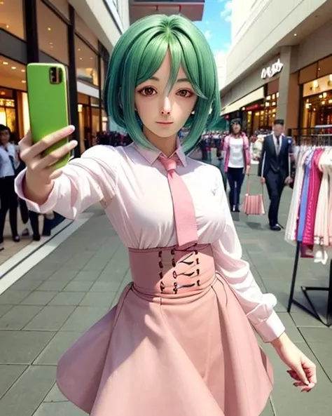 best quality, masterpiece, highres, detailed, perfect anatomy, <lora:Detail - add_detail:0.2> , TokohaV, pink skirt, white shirt, tie, outdoors, shopping, mall, orange eyes, green hair, <lora:Tokoha:0.8>, high-waist skirt, holding smartphone, selfie,