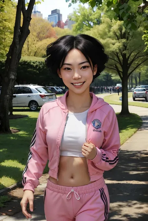 amy wong,short black hair, wearing a pink track suit, visible navel,
playful pose, looking at viewer, smiling, happy
outside, central park, sunny,
beautiful detail, natural lighting, cuddly ambiance, HDR, <lora:AmyWong:.8>