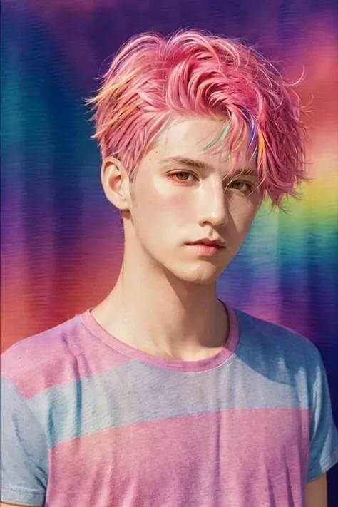 <lora:handsome:0.7> 1boy, pink hair,multicolored hair,multicolored background