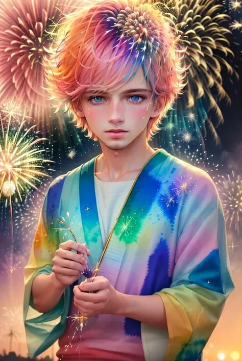 <lora:handsome:0.7> solo, blue eyes, short hair, looking at viewer, upper body, (1boy:1.1), pink hair, sunset,multicolored hair, blue hair,dynamic angle, finely detail, (bloom), (shine), glinting stars, ((((best detailed fireworks)))), ((((depth of field)))), (((hanabi))),(((backlight))),best quality,masterpiece,realistic,HDR,UHD,8K,best quality,realistic,masterpiece,
