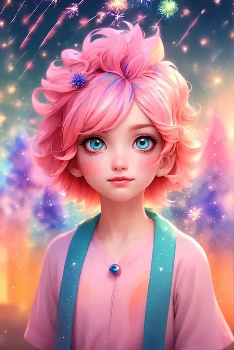 <lora:handsome:0.7> solo, blue eyes, short hair, looking at viewer, upper body, (1boy:1.1), pink hair, sunset,multicolored hair, blue hair,dynamic angle, finely detail, (bloom), (shine), glinting stars, ((((best detailed fireworks)))), ((((depth of field)))), (((hanabi))),(((backlight))),best quality,masterpiece,realistic,HDR,UHD,8K,best quality,realistic,masterpiece,stars in the eyes, messy floating hair, colored inner hair, Starry sky adorns hair, (lots of big colorful Bubble), (pearl), (Galaxy), depth of field,