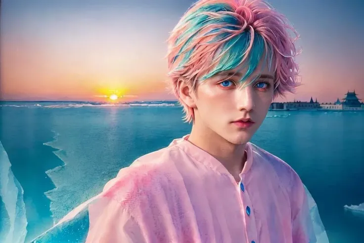 <lora:handsome:0.7> solo, blue eyes, short hair, looking at viewer, upper body, 1boy, pink hair,cup, sunset, beautiful detailed glow,detailed ice,beautiful detailed water,(floating palaces:1.2),multicolored hair, blue hair,beautiful detailed glow, (detailed ice), beautiful detailed water,