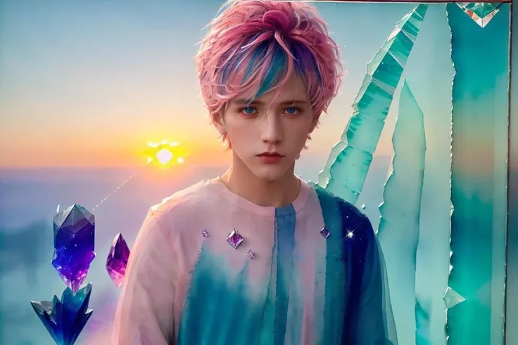 <lora:handsome:0.7> solo, blue eyes, short hair, looking at viewer, upper body, (1boy:1.1), pink hair,cup, sunset,multicolored hair, blue hair,(((crystals texture Hair))),((beautiful detailed glass hair)),((glass shaped texture hand)),((crystallize texture body)),gem body,hands as clear as jewels,crystallization of clothes,((crystals texture skin)),sparkle, lens flare, light leaks,broken glass,detailed glass shaped clothes,beautiful detailed gemstone sky, gemstone sea, crystals texture flowers,((detailed crystallized clothing)),