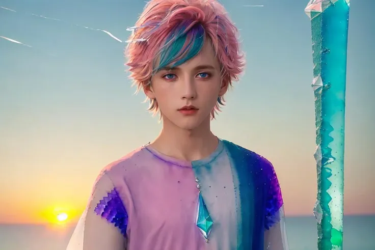 <lora:handsome:0.7> solo, blue eyes, short hair, looking at viewer, upper body, (1boy:1.1), pink hair,cup, sunset,multicolored hair, blue hair,(((crystals texture Hair))),((beautiful detailed glass hair)),((glass shaped texture hand)),((crystallize texture body)),gem body,hands as clear as jewels,crystallization of clothes,((crystals texture skin)),sparkle, lens flare, light leaks,broken glass,detailed glass shaped clothes,beautiful detailed gemstone sky, gemstone sea, crystals texture flowers,((detailed crystallized clothing)),