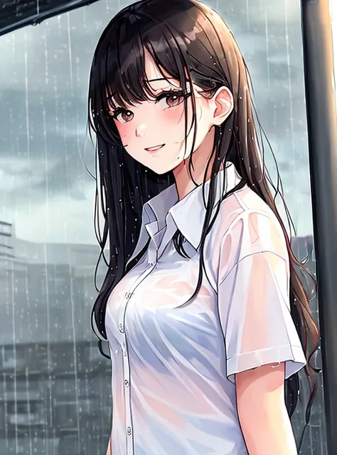 (masterpiece:1.6), (best quality:1.5), ((1girl)), ((solo_girl)), ((female_solo)), (front_view), (upper_body:1.4), eyeliner, detailed_face, (arm + hand + 1_thumb), (Five_fingers_each), Perfect_hands, extremely_detailed_hands, (black_hair), (long_hair), (black_eyes), (sad_smile), (wet_shirt, wet_hair), (white_buttoned_shirt, school_uniform), (rainy, heavy_rain, cloudy_sky), (bus_stop),