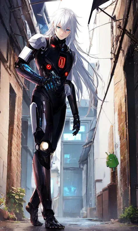 ((android)), cyborg, male, broken limbs, corrupted, long hair, white hair, iridescent eyes, masterpiece, high quality, best quality, high quality illustration, full body shot, barefoot, ((night)), raining, alley, dynamic pose, darkness, dynamic angle, solo