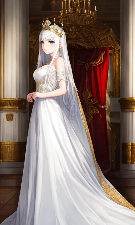 long hair, white hair, golden eyes, 1girl, head, face, portrait, princess, absurdres, masterpiece, best quality, long dress, gown, cape, (castle background), intricate, elegant, crown, diadem, royal, night, dim light