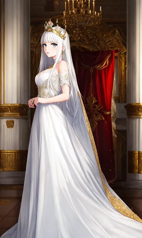 long hair, white hair, golden eyes,  1girl, head, face, portrait, princess, absurdres, masterpiece, best quality, long dress, gown, cape, (castle background), intricate, elegant, crown, diadem, royal, night, dim light