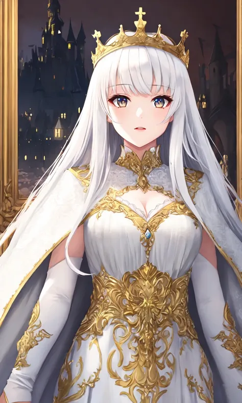 long hair, white hair, golden eyes, 1girl, head, face, portrait, princess, absurdres, masterpiece, best quality, long dress, gown, cape, (castle background), intricate, elegant, crown, diadem, royal
