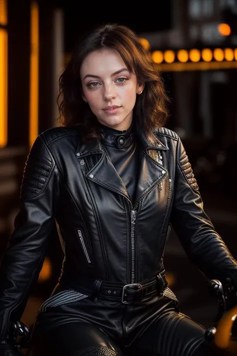 Gorgeous european steampunk woman with very short straight hair in a high ponytail, wet hair, hair slicked back, combed straight back, slick hair, black to orange gradient hair, wearing a leather jacket with nothing underneath and mini skirt, solid dark black background