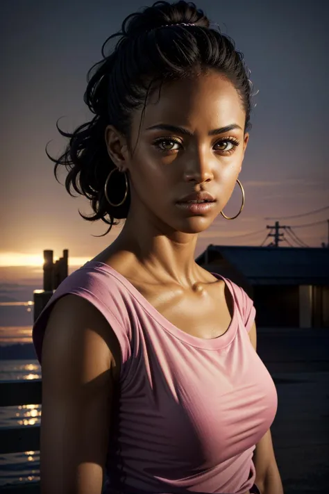 RochelleLeft, jewelry, solo, realistic, earrings, dark skin, black hair, dark-skinned female, 1girl, very dark skin, lips, brown eyes, hoop earrings, pink shirt
,masterpiece, best quality, cinematic lighting,
<lora:epi_noiseoffset2:1>, <lora:RochelleLeft:0.7>