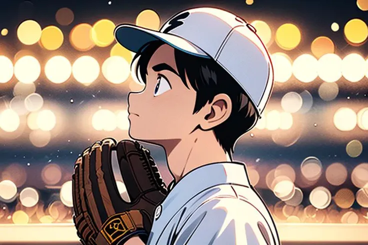 master piece,best quality,1boy,solo,baseball uniform,baseball uniform,white pants,pants,baseball cap,black hair,outdoors,belt,crowd,<lora:Adachi_v2:0.6>,baseball ground,profile,bokeh,
portrait,look up,(put on baseball glove),