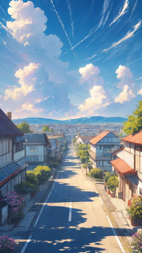 (masterpiece,best quality:1.2),(ultra detailed),(illustration),(distinct_image),art,stylized
outdoors, cloud, sky, flower, day, scenery, blue sky, road, building, house, cloudy sky, summer, street, wild flower, from above,
<lora:add_detail:1> <lora:cozy animation scenes_20230824111332:0.6> cozy animation scenes,