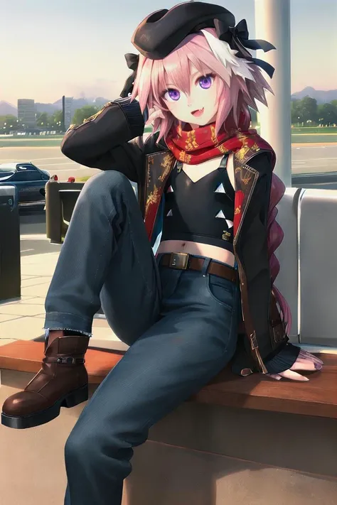 <lora:Astolfo:1><lora:148777 (166049)-EDG- edgAutumnDressCode:1> Astolfo, (skin fang:1.1), (flat chest:1.4), 1other, long hair, single braid, edgADC, wearing edgADC, fashionable, stylish, sexy, dynamic pose, sweater , silk scarf , campaign hat , slacks , high heel boots , fashionable gloves, sitting, airport gate area , (136435-150491.EDG.edgQuality:1.2)