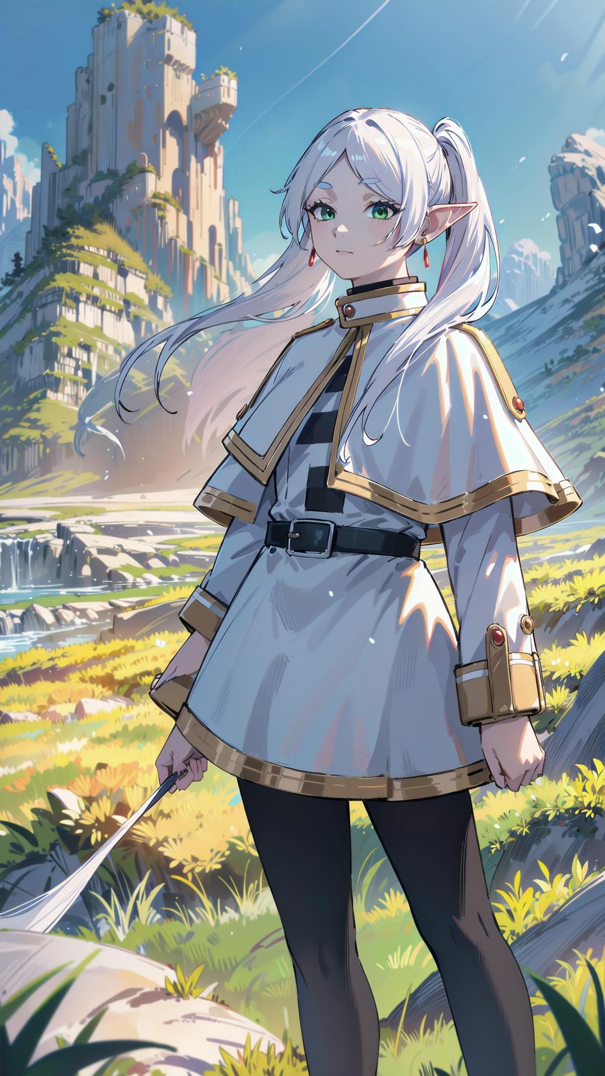 grass, (8k, RAW photo, best quality, masterpiece:1.2), (realistic, photo-realistic:1.37), fll, twintails, 1girl, pointy ears, round face,white hair, white capelet, green eyes, elf, pantyhose, long hair, earrings, black pantyhose, long sleeves, nature,grasslands,Standing with one hand on the hip, looking confident, <lora:fll-v100_2:0.8> <lyco:frierenv2-lyco-nochekaiser:0.3>