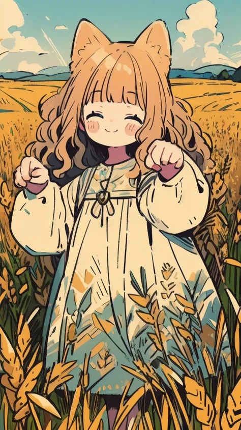 (masterpiece,best quality:1.2),(ultra detailed),(illustration),(distinct_image),art,stylized, absurdres, bright color,
<lora:mjty:0.7> mjtyhz,portrait, closed mouth,light smile, dress, outdoors, wheat field, paw pose, blonde hair,blunt bangs, wavy hair,
