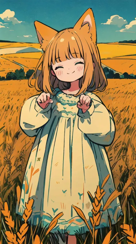 (masterpiece,best quality:1.2),(ultra detailed),(illustration),(distinct_image),art,stylized, absurdres, bright color,
<lora:mjty:0.7> mjtyhz,portrait, closed mouth,light smile, dress, outdoors, wheat field, paw pose, blonde hair,blunt bangs,
